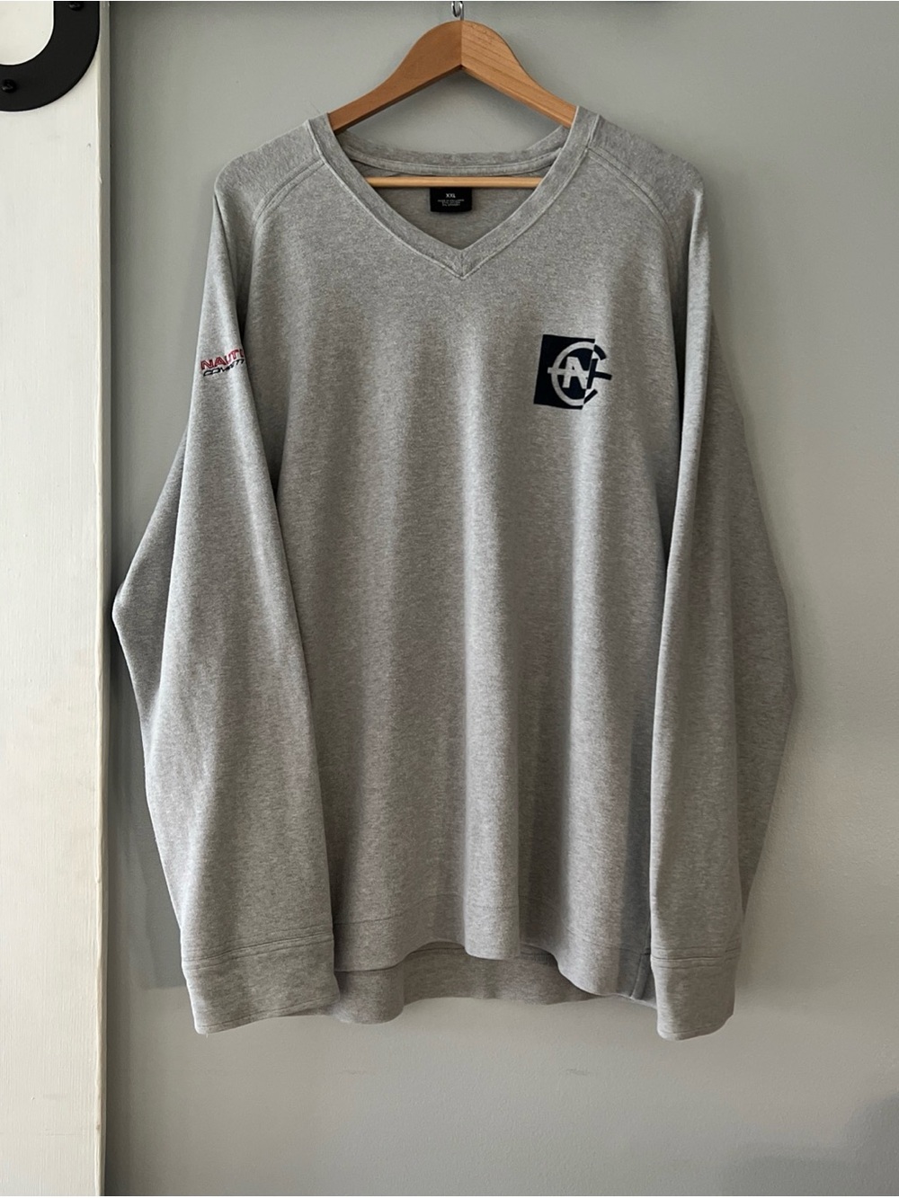 VTG Nautica Competition V-Neck Sweatshirt Gray 90s Sailing Logo Stretchy Active